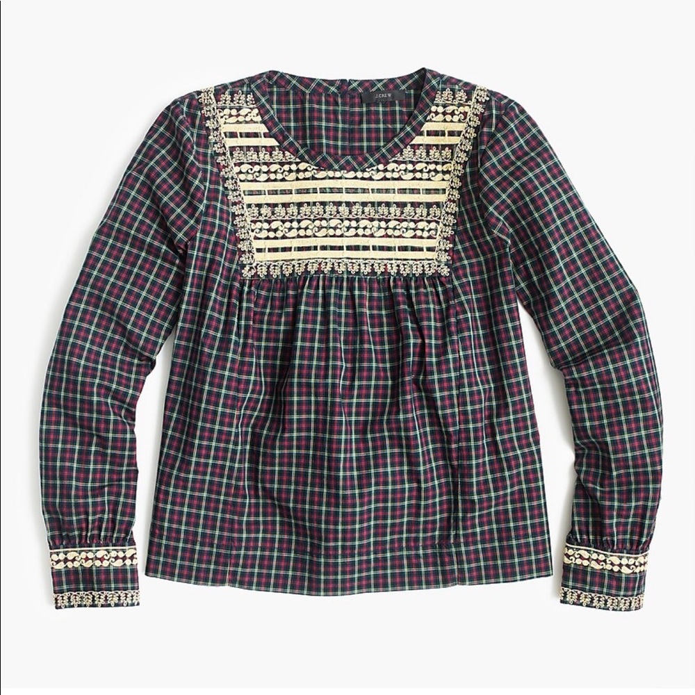 J. Crew Plaid Peasant Blouse Gold Embroidered Top